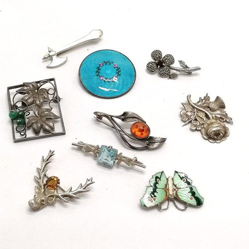 518 - 9 x silver brooches inc J Aitkin & Son guilloche enamel (stress cracks), Austrian 800 silver leaves ... 