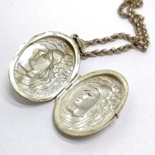 521 - Silver hallmarked Art Nouveau style locket with ladies head detail on a silver 44cm chain - 16g