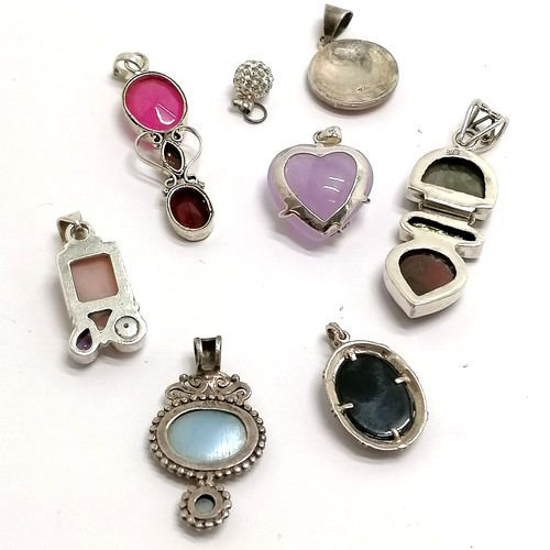 531 - 8 x silver stone set pendants inc heart, amethyst / pearl (4cm drop) etc - total weight 62g