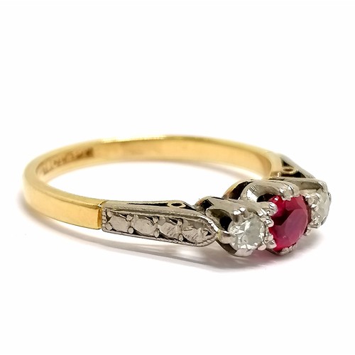 553 - 18ct gold and platinum ruby & 2 diamond ring - size J & 2.3g total weight