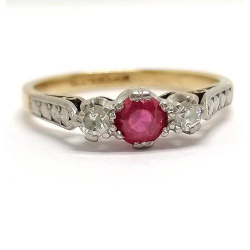 553 - 18ct gold and platinum ruby & 2 diamond ring - size J & 2.3g total weight