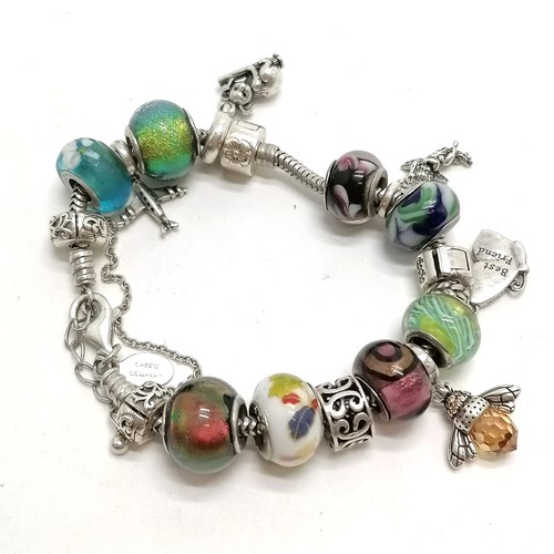 563 - Charm Company silver bracelet with beads inc Rhona Sutton, Cham butterfly 'Best friend', Pandora koa... 