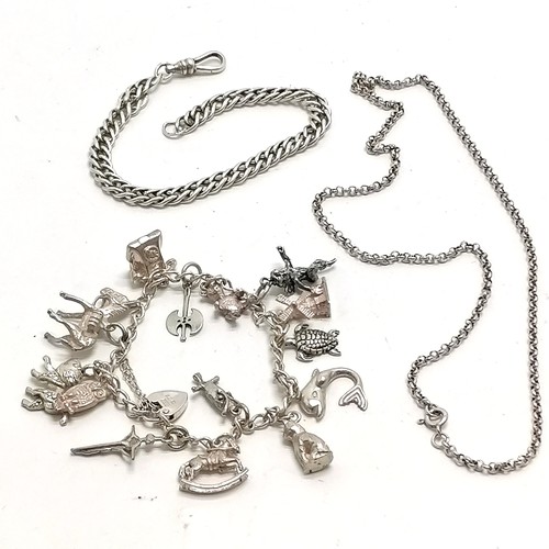 569 - Silver charm bracelet with charms inc 2 owls, crucifix, turtle etc t/w silver hallmarked bracelet & ... 