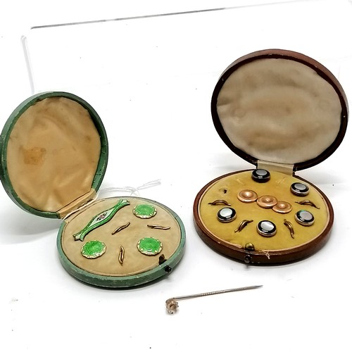 571 - Cased set of silver & enamel cravat pin / button set by J Aitkin & Son t/w cased part set of Chester... 