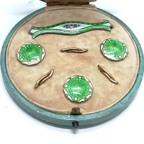 571 - Cased set of silver & enamel cravat pin / button set by J Aitkin & Son t/w cased part set of Chester... 