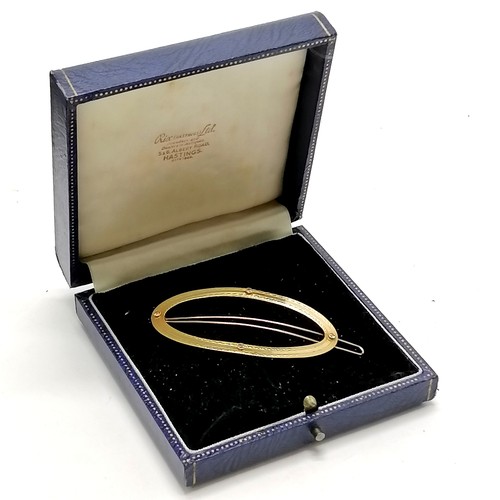 572 - Antique 18ct marked gold diamond set hair grip in a leather retail box - 6cm across & 8.3g total wei... 