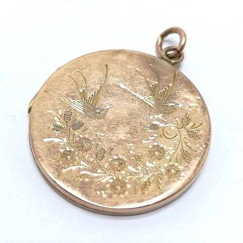 580 - Antique unmarked rose gold locket engraved with bird / flower detail - 3.5cm drop & 4.9g total weigh... 