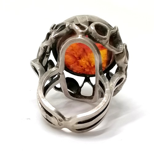 782 - Orno silver and amber large brutalist ring with Polish hallmarks size P½ 19g total weight, head of r... 