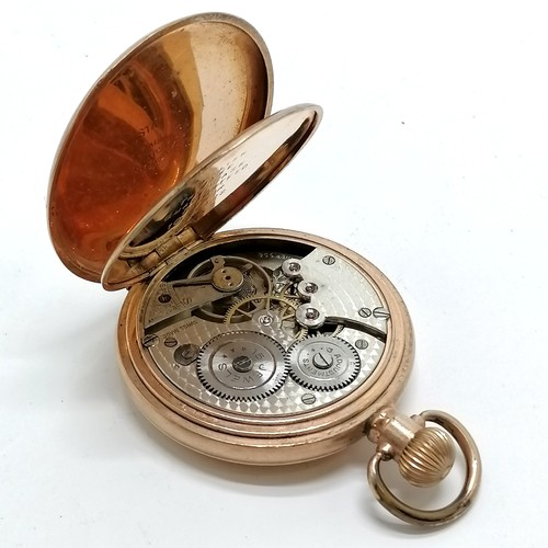 794 - Antique gold plated half hunter pocket watch in a Dennison 50mm case - running and has a couple of s... 