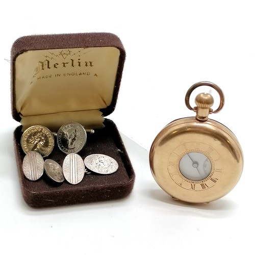 794 - Antique gold plated half hunter pocket watch in a Dennison 50mm case - running and has a couple of s... 