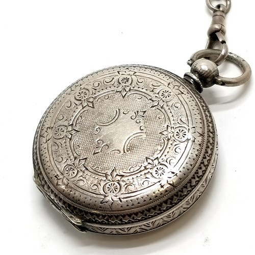 804 - Antique silver cased fob watch in a 32mm case on an antique silver double albert chain (33cm) with r... 