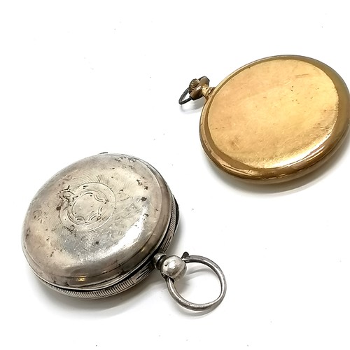 806 - Antique silver cased pocket watch - 44mm case ~ has dents to reverse t/w gold plated pocket watch & ... 