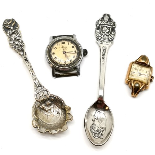 808 - Rolex advertising silver plated spoon, rose teaspoon, t/w Lorie wristwatch not working, Jean Perret ... 