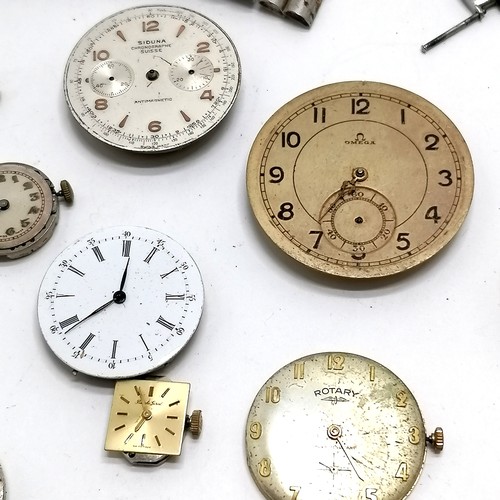 823 - Quantity of mostly wristwatch movements including Silver Rolex case, Omega, Siduna, Blancpain, chron... 