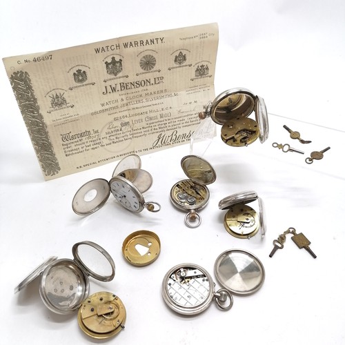 825 - 6 x vintage / antique pocket watches (5 silver cased) inc J W Benson half hunter (50mm case) with or... 