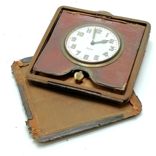 836 - Antique Mappin brass easel stand travel clock (10cm square & 457g total weight) t/w 2 leather cased ... 