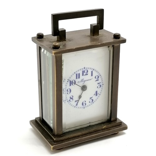 837 - Vintage Mignon miniature brass cased carriage clock with bevelled glass and porcelain dial - 6.5cm h... 