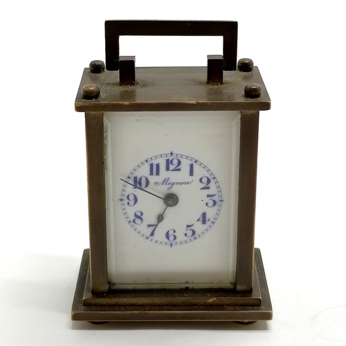 837 - Vintage Mignon miniature brass cased carriage clock with bevelled glass and porcelain dial - 6.5cm h... 