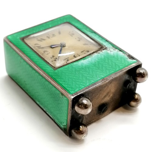 839 - Continental 875 silver marked guilloche green enamel miniature clock - 5cm high & has obvious damage... 