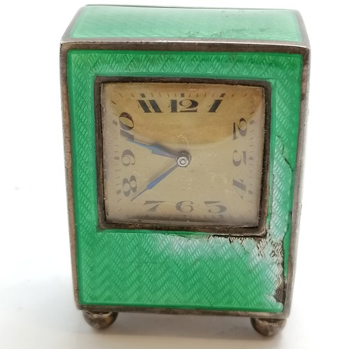 839 - Continental 875 silver marked guilloche green enamel miniature clock - 5cm high & has obvious damage... 