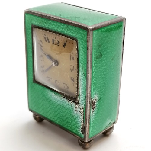 839 - Continental 875 silver marked guilloche green enamel miniature clock - 5cm high & has obvious damage... 