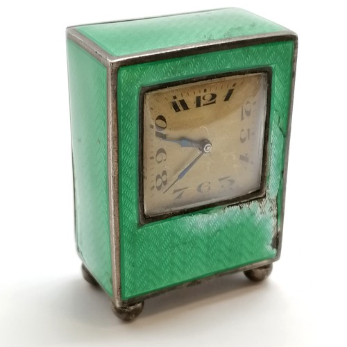 839 - Continental 875 silver marked guilloche green enamel miniature clock - 5cm high & has obvious damage... 