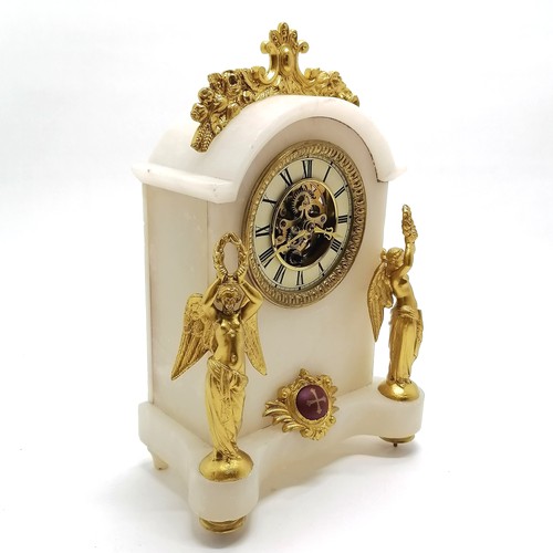 840 - Antique alabaster & gilt metal mounted mantle clock with open mechanism design - 32cm high x 21cm wi... 