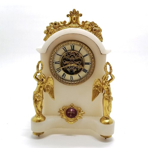 840 - Antique alabaster & gilt metal mounted mantle clock with open mechanism design - 32cm high x 21cm wi... 