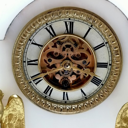 840 - Antique alabaster & gilt metal mounted mantle clock with open mechanism design - 32cm high x 21cm wi... 