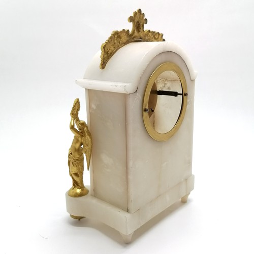 840 - Antique alabaster & gilt metal mounted mantle clock with open mechanism design - 32cm high x 21cm wi... 