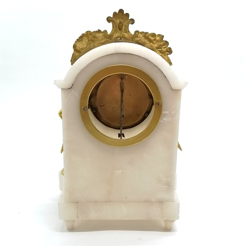 840 - Antique alabaster & gilt metal mounted mantle clock with open mechanism design - 32cm high x 21cm wi... 