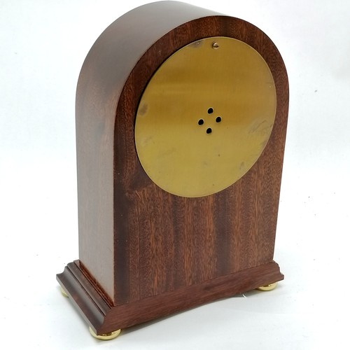 841 - Knight & Gibbins (London) reproduction solid mahogany quartz mantle clock with marquetry inlay on 4 ... 