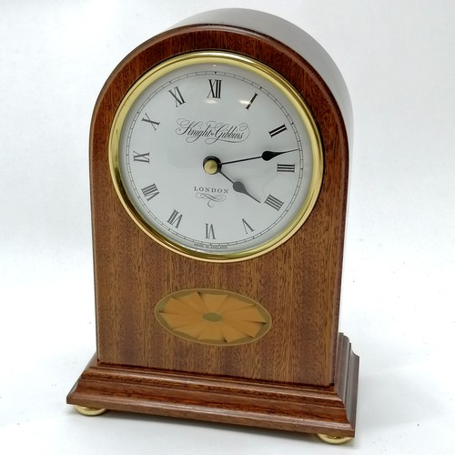 841 - Knight & Gibbins (London) reproduction solid mahogany quartz mantle clock with marquetry inlay on 4 ... 