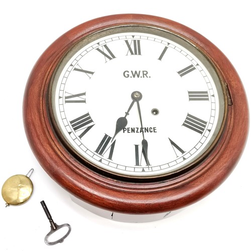 842 - Antique mahogany cased circular wall clock with painted dial with GWR Penzance - 40cm diameter & has... 