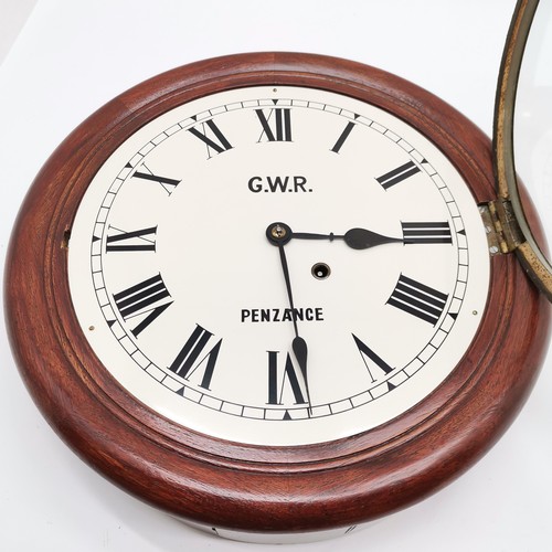 842 - Antique mahogany cased circular wall clock with painted dial with GWR Penzance - 40cm diameter & has... 