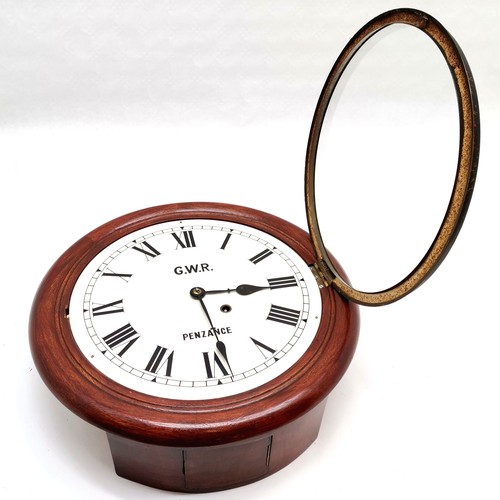 842 - Antique mahogany cased circular wall clock with painted dial with GWR Penzance - 40cm diameter & has... 