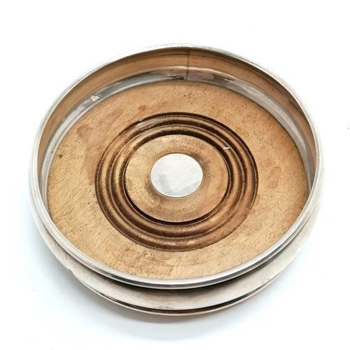 876 - 1991 silver coaster with turned wooden base by M C Hersey & Son Ltd - 12.5cm diameter & 150g total w... 