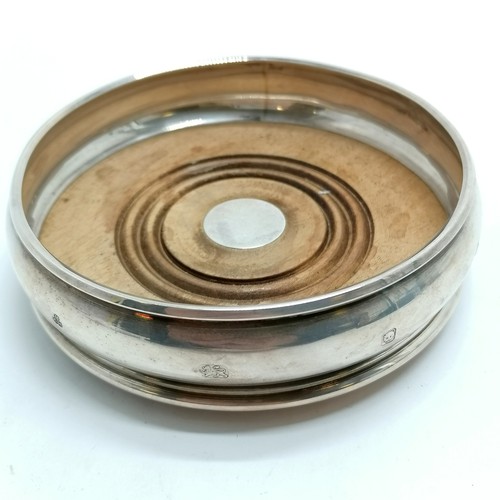 876 - 1991 silver coaster with turned wooden base by M C Hersey & Son Ltd - 12.5cm diameter & 150g total w... 