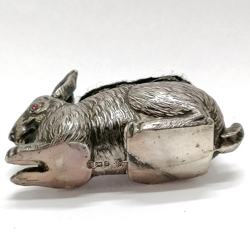 889 - Antique 1907 silver rabbit pin cushion with red glass eyes by Boots Pure Drug Company - 6.5cm long &... 