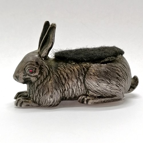 889 - Antique 1907 silver rabbit pin cushion with red glass eyes by Boots Pure Drug Company - 6.5cm long &... 