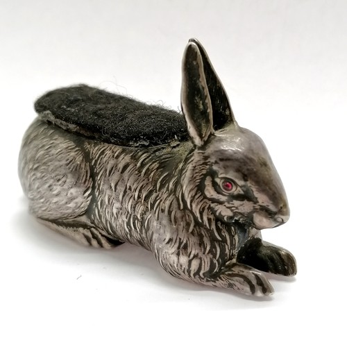 889 - Antique 1907 silver rabbit pin cushion with red glass eyes by Boots Pure Drug Company - 6.5cm long &... 