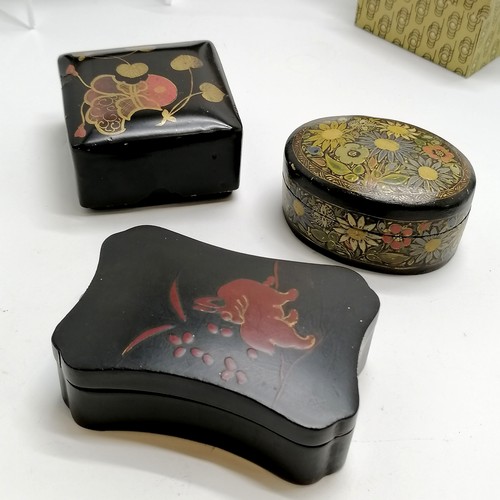 30 - Qty of mostly Oriental boxes inc red and black lacquer, largest yellow grounded kashmiri (17cm x 10c... 