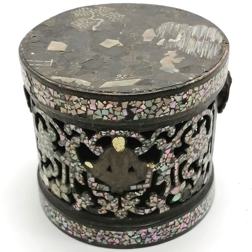 32 - Antique Chinese mother of pearl decorated Papier Mache lidded box with pierced detail, decorated wit... 