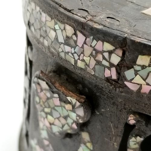 32 - Antique Chinese mother of pearl decorated Papier Mache lidded box with pierced detail, decorated wit... 