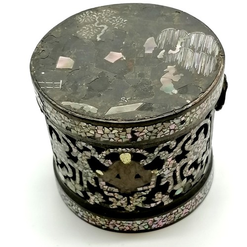 32 - Antique Chinese mother of pearl decorated Papier Mache lidded box with pierced detail, decorated wit... 