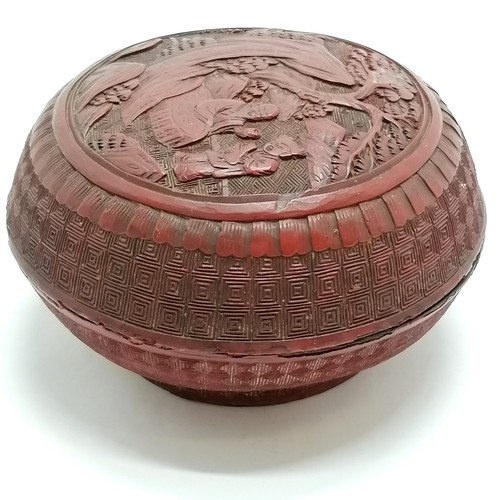 34 - Antique (18th century or earlier?) Chinese cinnabar lacquer lidded box - 12cm diameter and has obvio... 