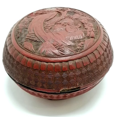 34 - Antique (18th century or earlier?) Chinese cinnabar lacquer lidded box - 12cm diameter and has obvio... 