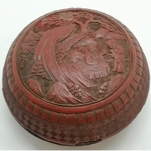 34 - Antique (18th century or earlier?) Chinese cinnabar lacquer lidded box - 12cm diameter and has obvio... 