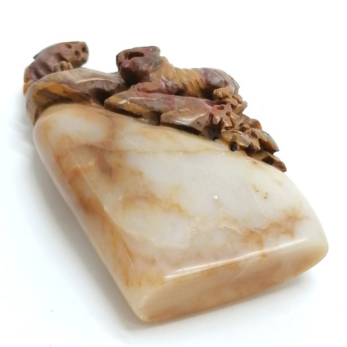 45 - Oriental carved soapstone study of 2 tigers on a rock - 9cm high & no obvious damage