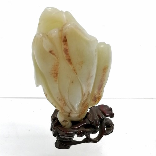 46 - Hand carved oriental Chinese jade flower head on hand carved wooden base (17cm total height) - base ... 